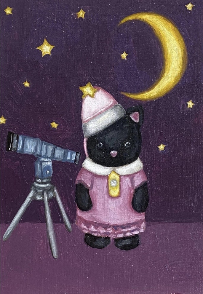 Black cat in a pink outfit looking through a telescope